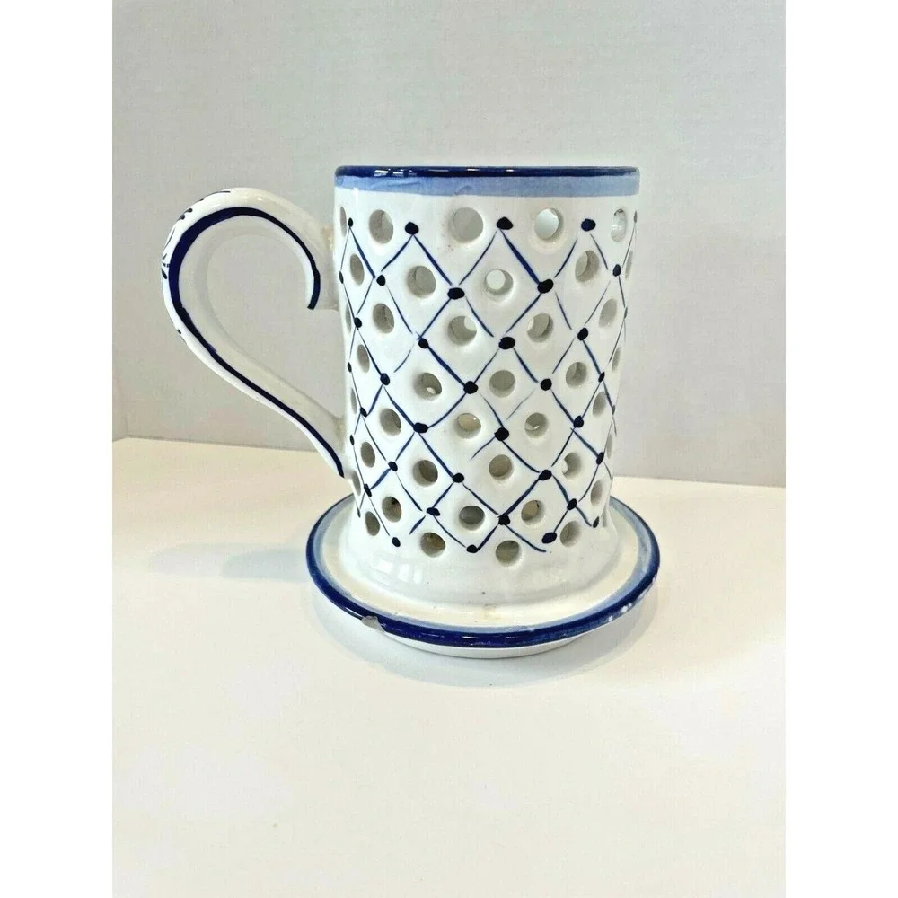 Portugal Hand Made/ Hand Painted Blue White Pierced Lattice Candle Holder